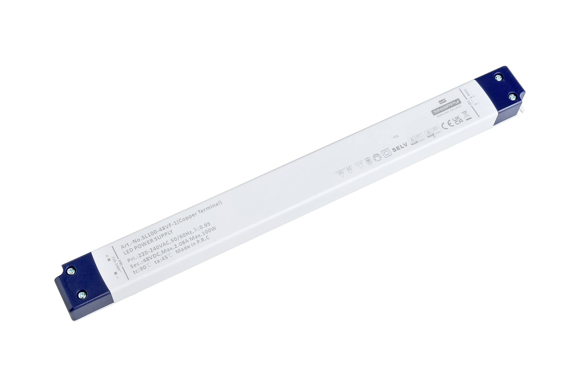 SL100-48VF-1  100W, Constant Voltage Non Dimmable LED Driver, 48VDC, 2.08A, Input 200-240VAC 50/60Hz, IP20.